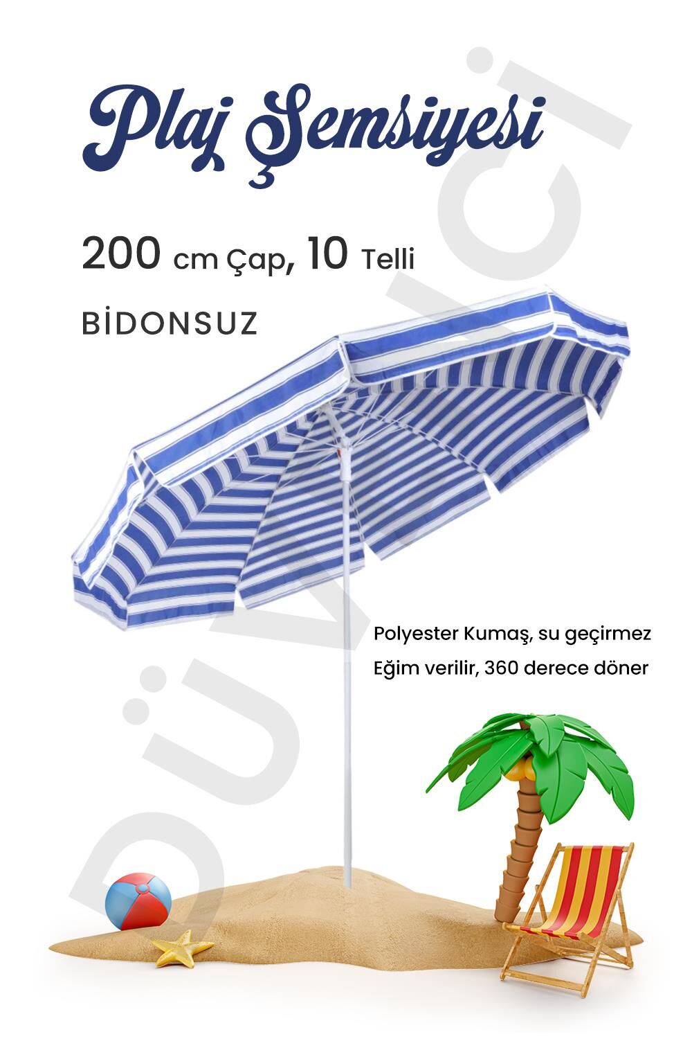 Plaj Şemsiyesi 10 Telli 200 CM Çap Mavi Beyaz Eğim Verilir BİDONSUZ ve rosie hediye