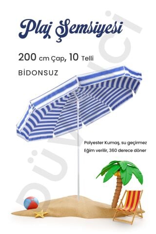Plaj Şemsiyesi 10 Telli 200 CM Çap Mavi Beyaz Eğim Verilir BİDONSUZ ve rosie hediye
