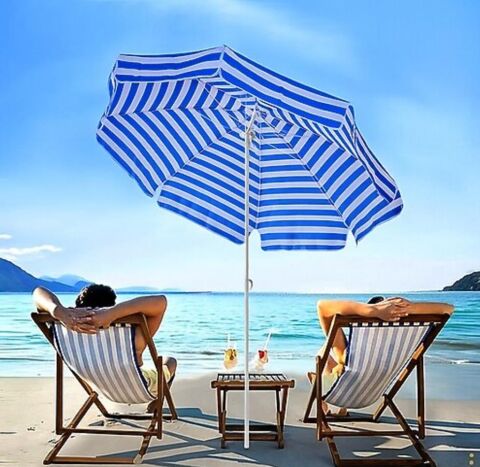 Plaj Şemsiyesi 10 Telli 200 CM Çap Mavi Beyaz Eğim Verilir BİDONSUZ ve rosie hediye