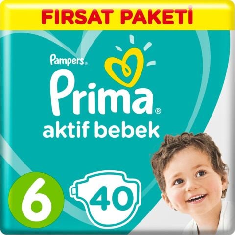 Prima Bebek Bezi Aktif Bebek 6 Beden 40 Adet Ekstra Large Fırsat Paketi