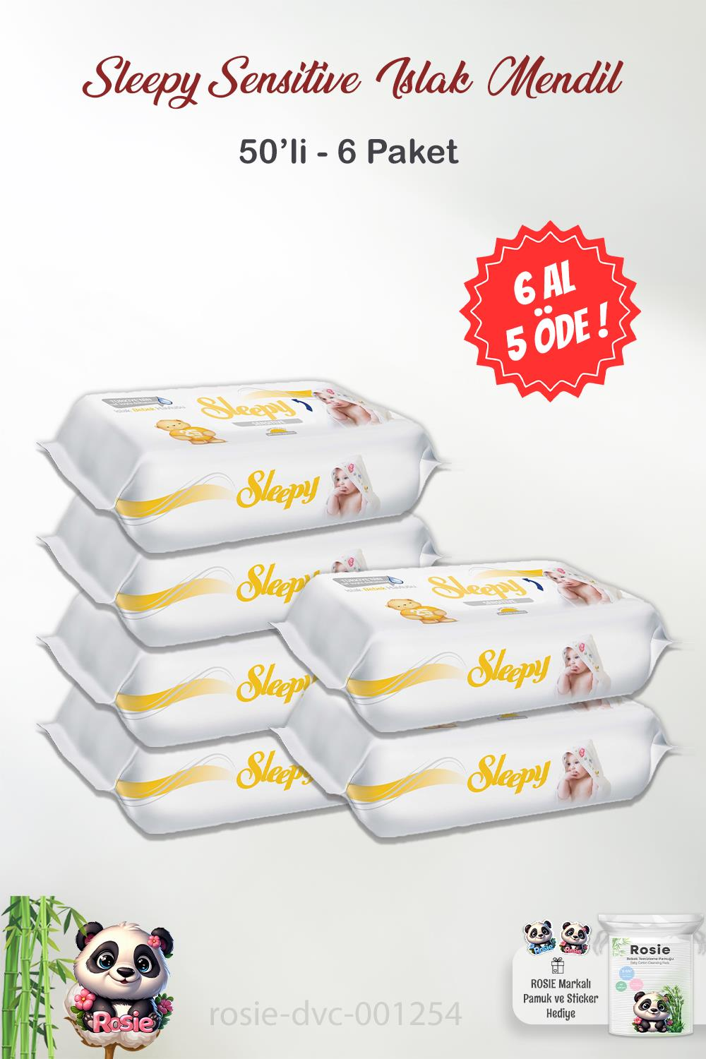 6 AL 5 ÖDE Sleepy Sensitive 50'li Islak Bebek Mendil ve ROSIE Pamuk