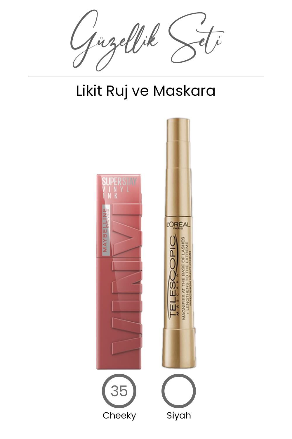 Loreal Paris Telescopic Maskara Siyah ve Vinyl Inl Likit Ruj 35 Cheeky