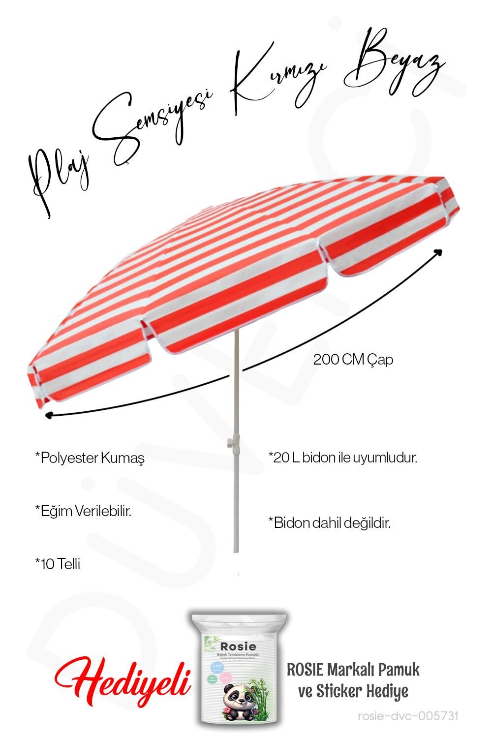 Plaj Şemsiyesi 10 Telli 200 CM Çap Kırmızı Beyaz Eğim Verilir BİDONSUZ ve rosie hediye