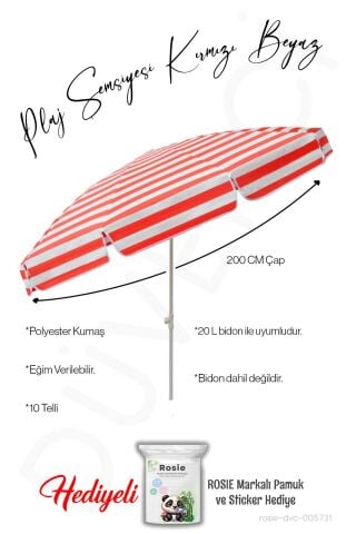 Plaj Şemsiyesi 10 Telli 200 CM Çap Kırmızı Beyaz Eğim Verilir BİDONSUZ ve rosie hediye