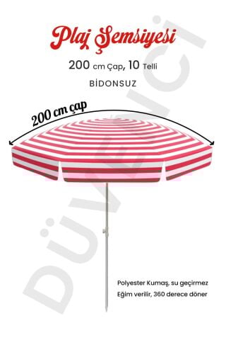 Plaj Şemsiyesi 10 Telli 200 CM Çap Kırmızı Beyaz Eğim Verilir BİDONSUZ ve rosie hediye
