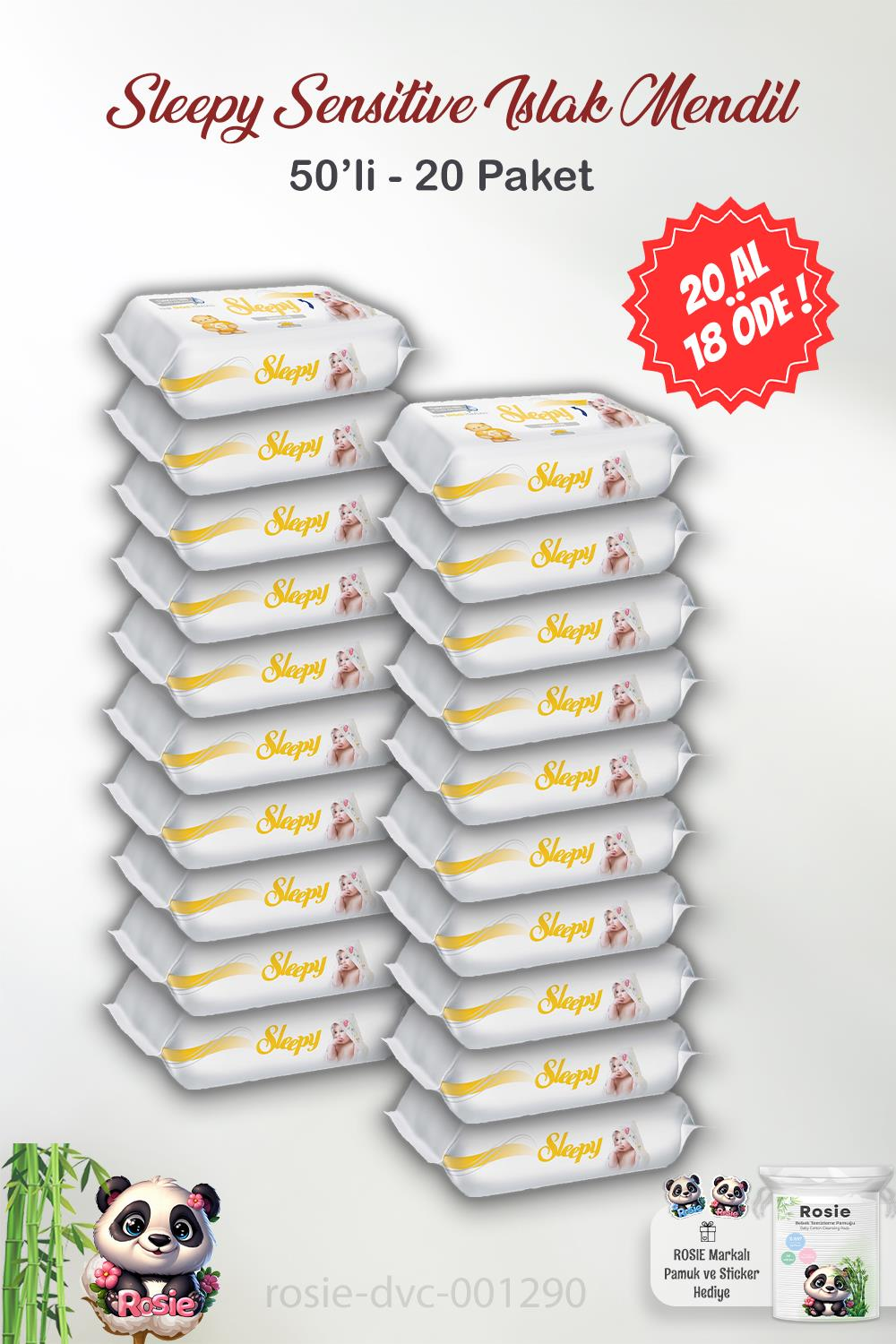 20 AL 18 ÖDE Sleepy Sensitive Islak Bebek Mendil 50'li ve ROSIE