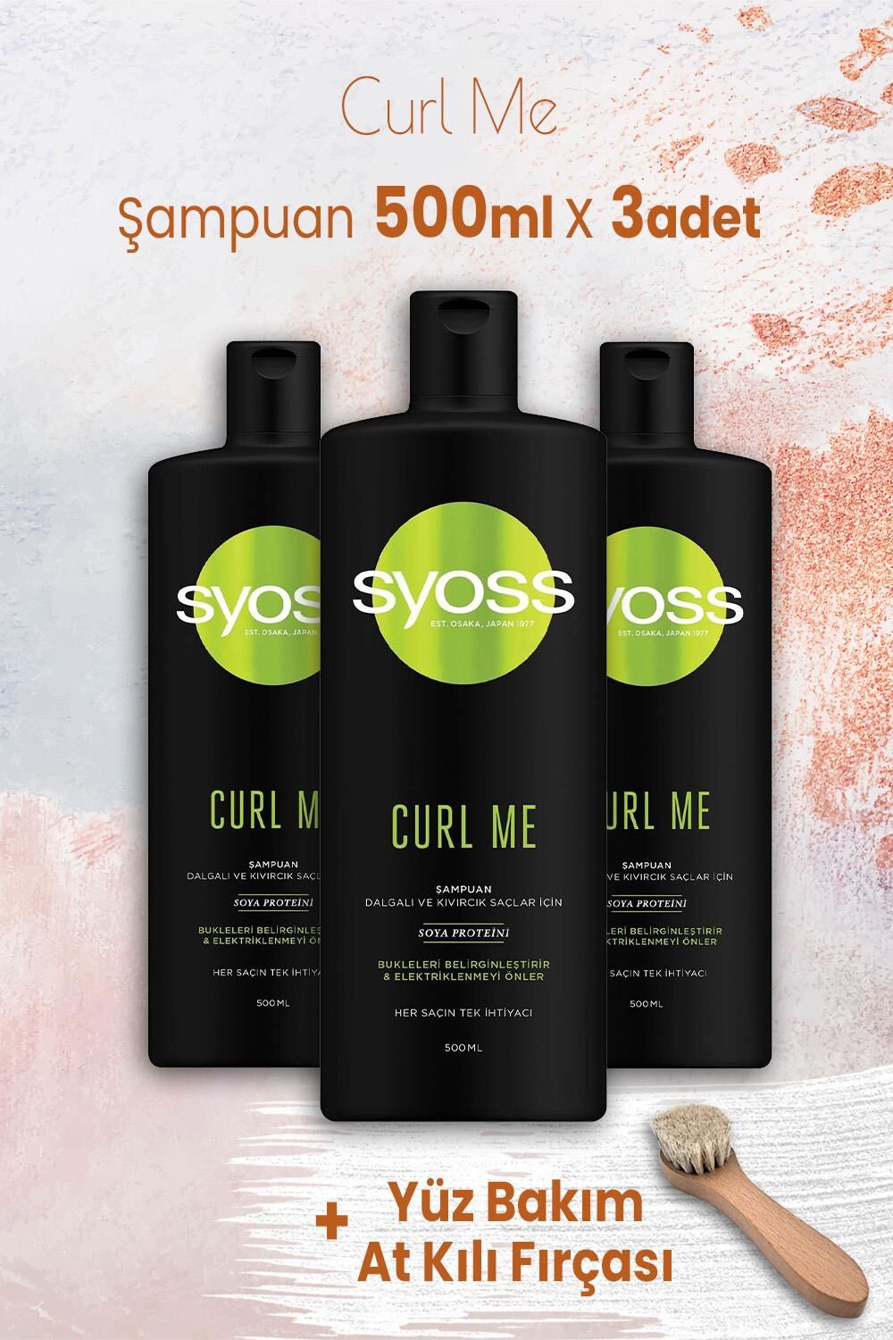 Syoss Curl Me Şampuan 500 ml x 3 Adet ve Yüz Bakım At Kılı Fırçası