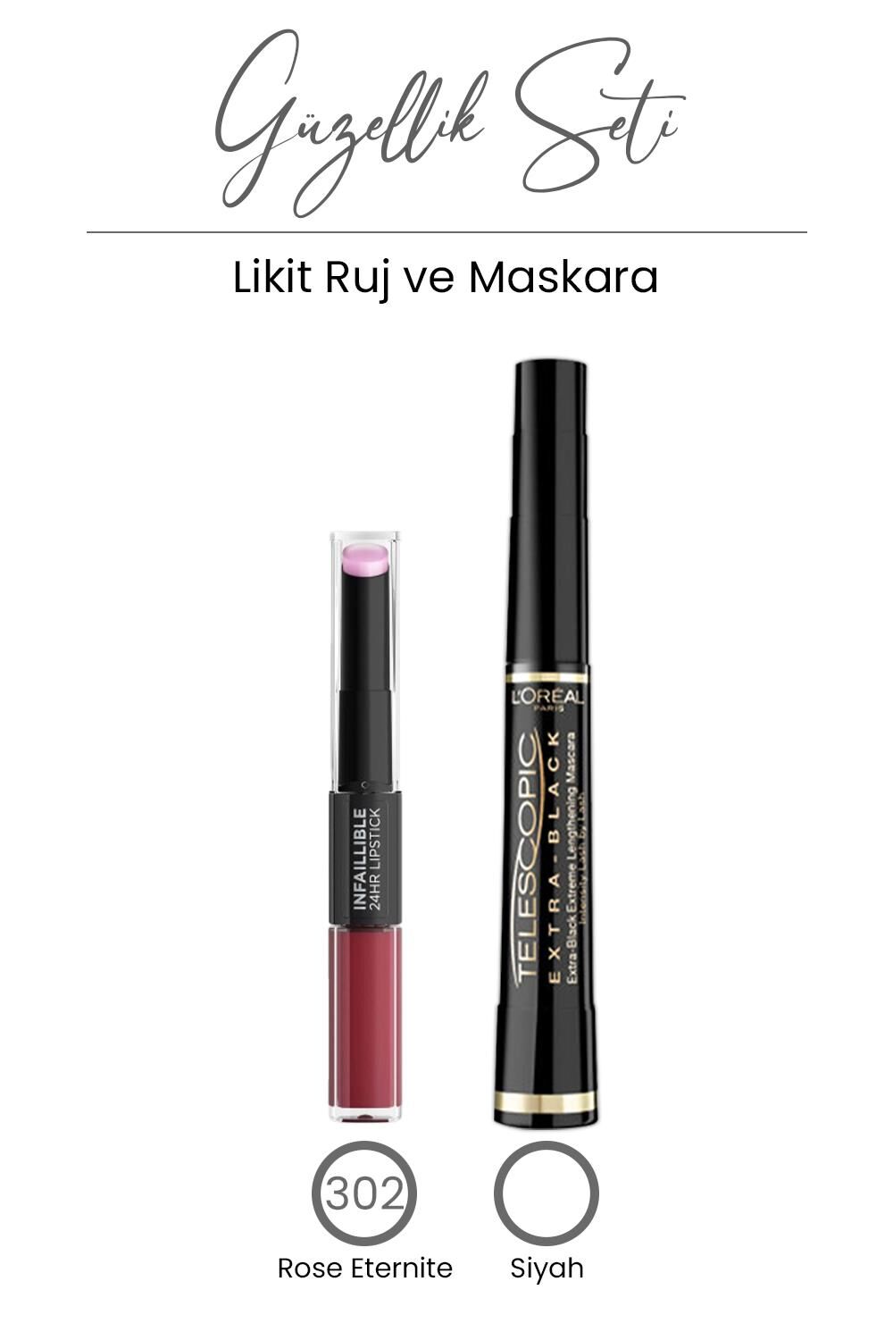 Loreal Paris Telescopic Carbon Black Maskara ve Infaillible Likit Ruj Balm 302