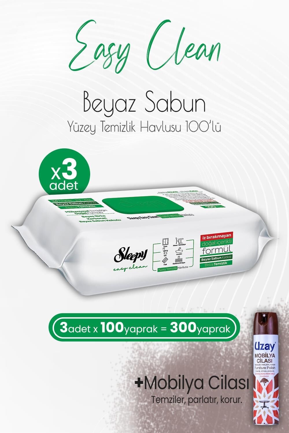 Sleepy Easy Clean Yüzey Temizlik Havlusu 100' lü x 3 Adet ve Mobilya Cilası Sandalağacı