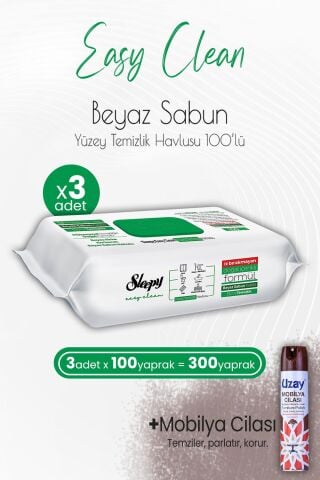 Sleepy Easy Clean Yüzey Temizlik Havlusu 100' lü x 3 Adet ve Mobilya Cilası Sandalağacı