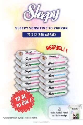 Sleepy 12 AL 10 ÖDE Sensitive 70'li Bebek Islak Mendili ve Rosie Pamuk Hediye
