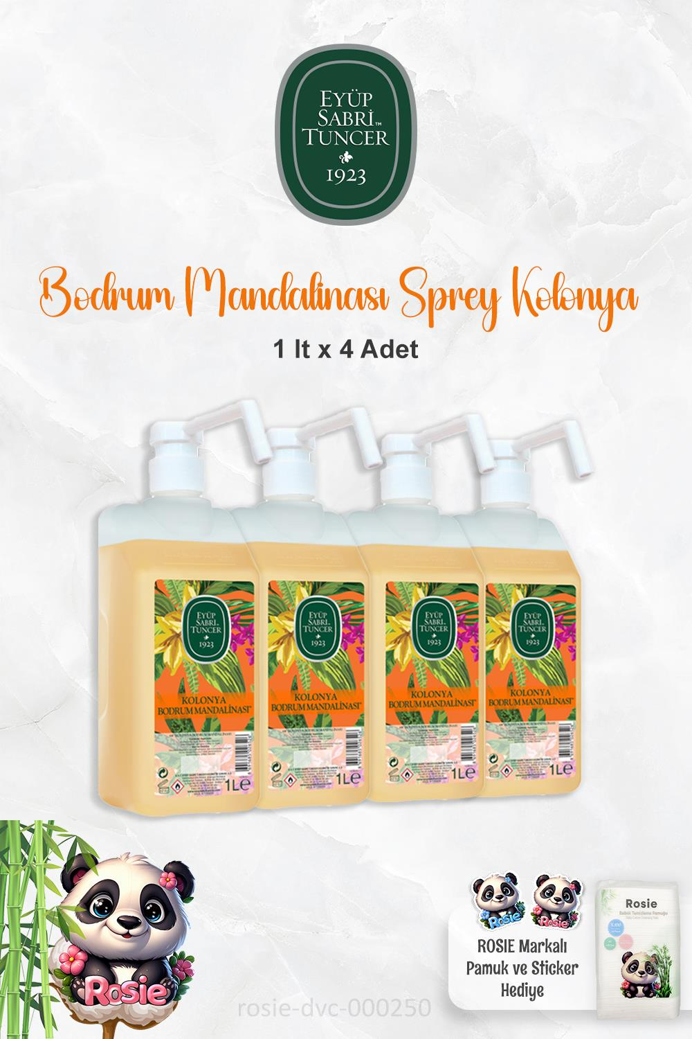 4 Adet Eyüp Sabri Tuncer Bodrum Mandalinası Sprey Başlıklı Kolonya 1 lt  ve ROSIE
