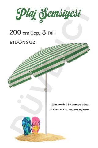 Plaj Şemsiyesi 200 CM Çap Yeşil Beyaz 8 Telli Eğim Verilir BİDONSUZ ve rosie hediye