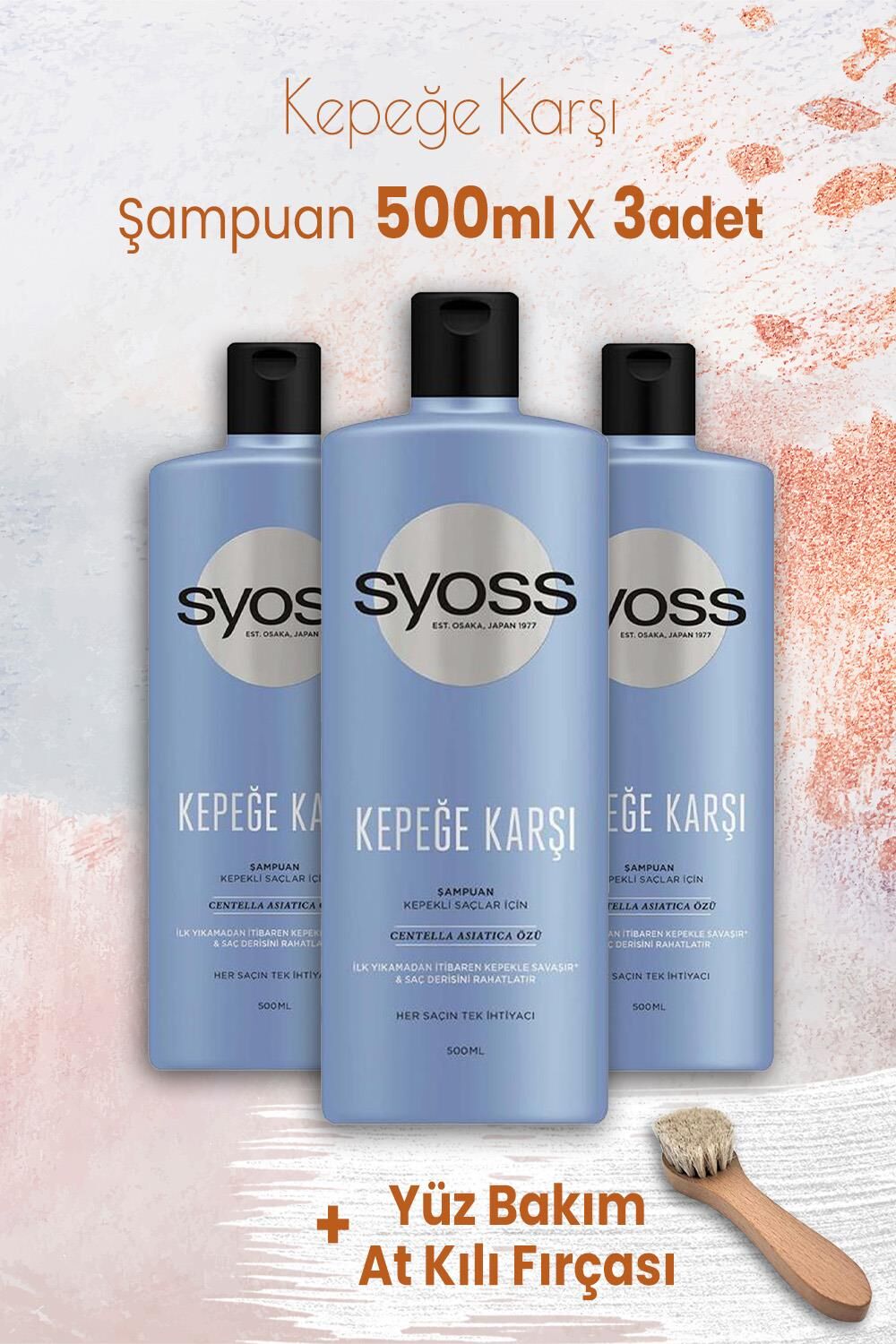 Syoss Kepeğe Karşı Şampuan 500 ml x 3 Adet ve Yüz Bakım At Kılı Fırçası