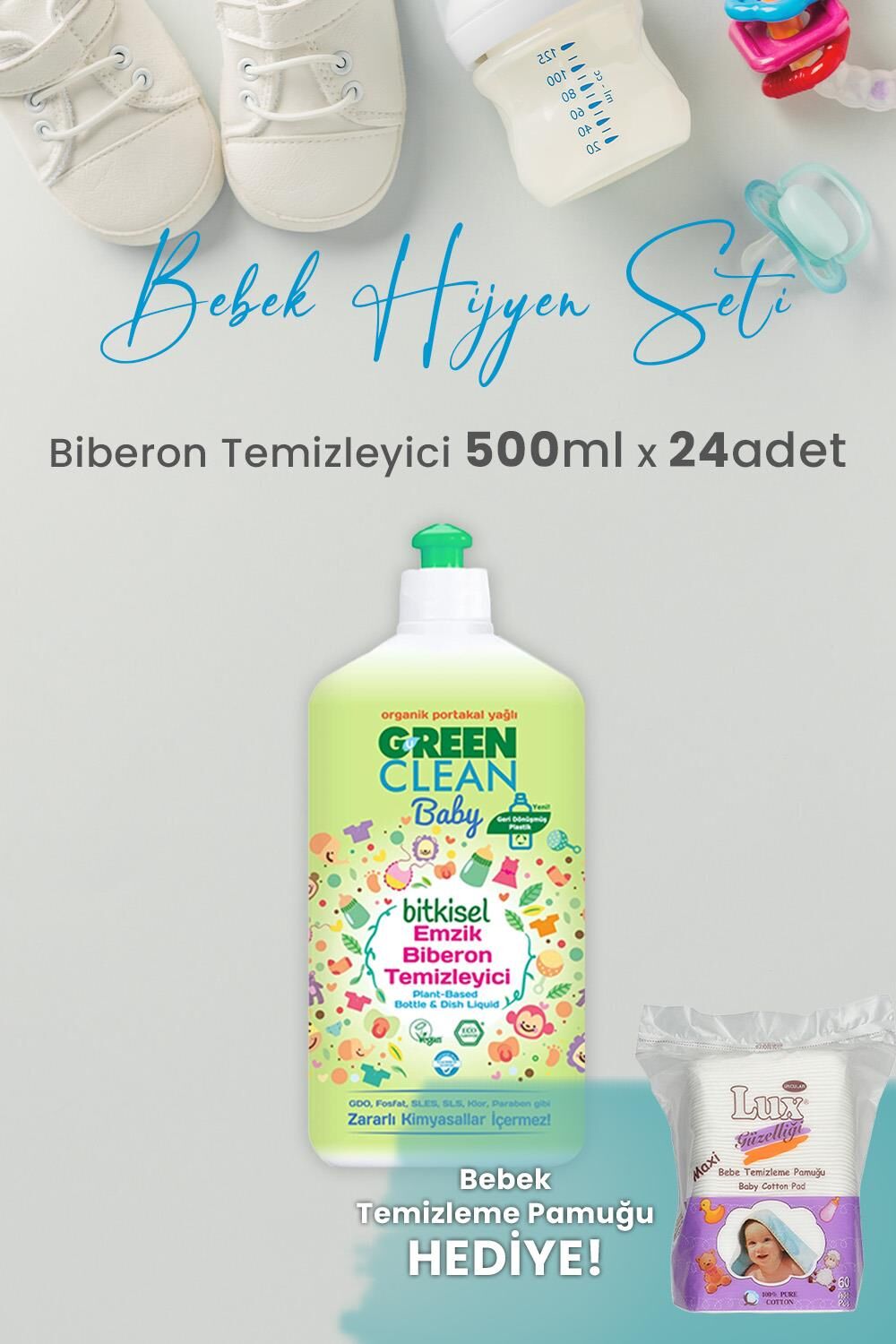 U green Clean Baby Bitkisel Biberon Emzik Temizleyici 500 ml x 24 Adet ve Hediyeli