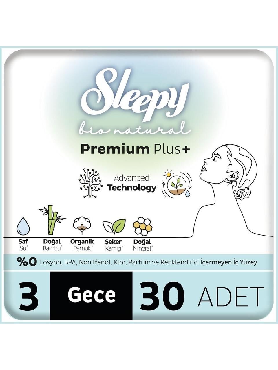 Sleepy Bio Natural Premium Plus Hijyenik Ped Mega Paket Gece 30 Adet