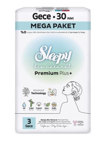 Sleepy Bio Natural Premium Plus Hijyenik Ped Mega Paket Gece 30 Adet