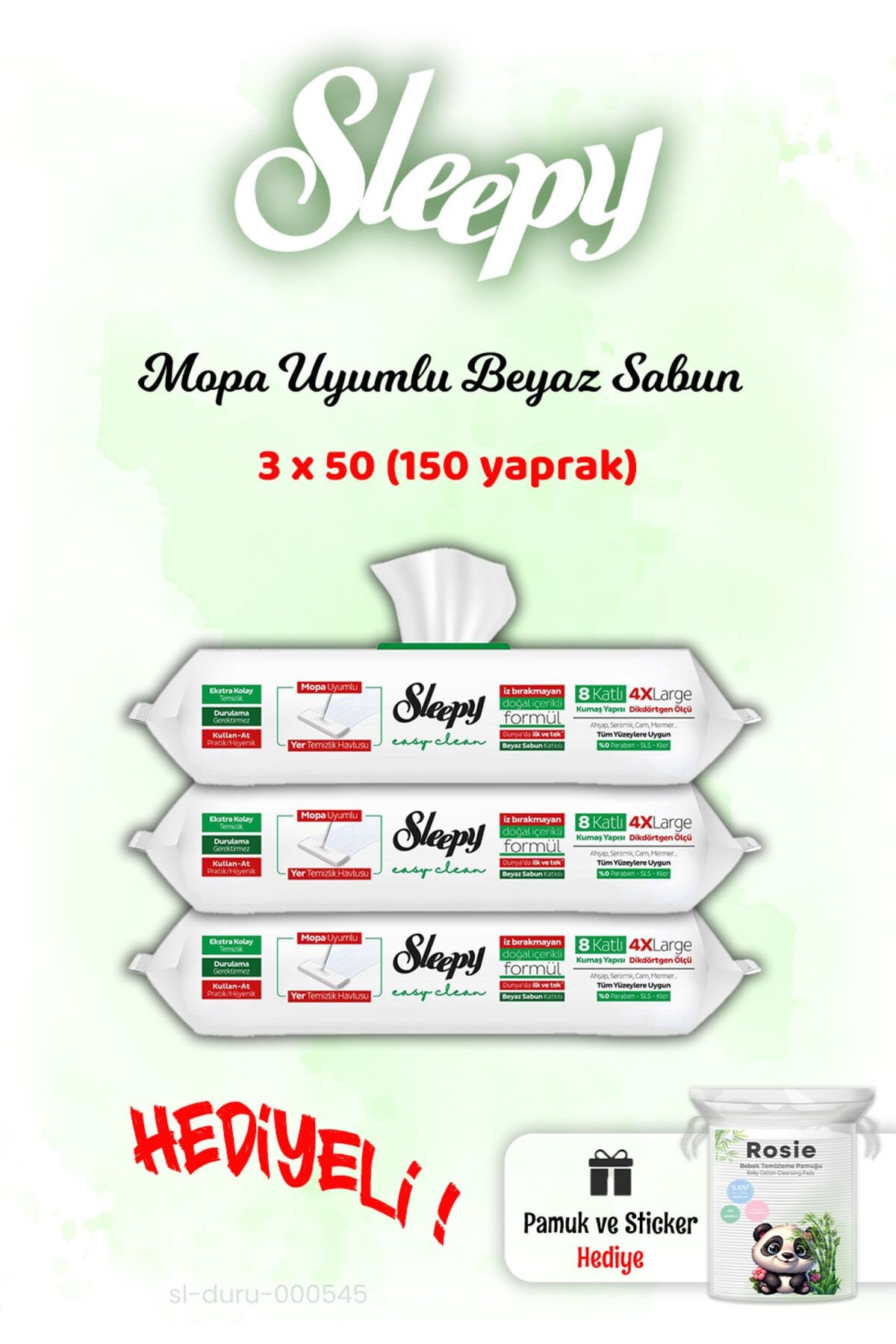 Sleepy 3'lü Mopa Uyumlu Beyaz Sabun 50'li Yüzey Havlusu ve ROSIE hediye