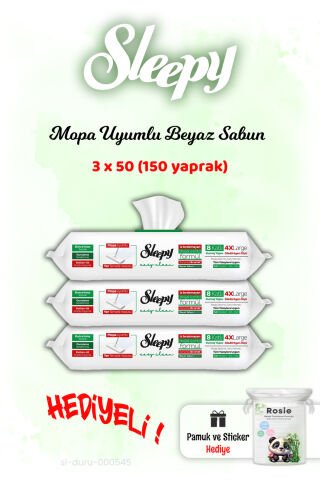 Sleepy 3'lü Mopa Uyumlu Beyaz Sabun 50'li Yüzey Havlusu ve ROSIE hediye