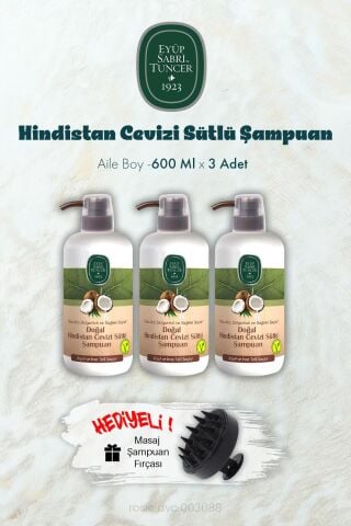 3 Adet Hindistan Cevizi Sütlü Şampuan 600 ML ve Şampuan Fırçası Hediyeli