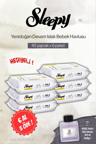 Sleepy 40'lı Yenidoğan Devam Islak Havlu 6 AL 5 ÖDE, Rosie Pudra Oda Kokusu