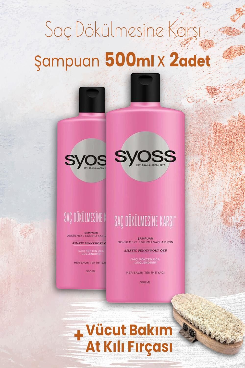 Syoss Şampuan Saç Dökülmesine Karşı 500 ml x 2 Adet ve Vücut Bakım At Kılı Fırçası