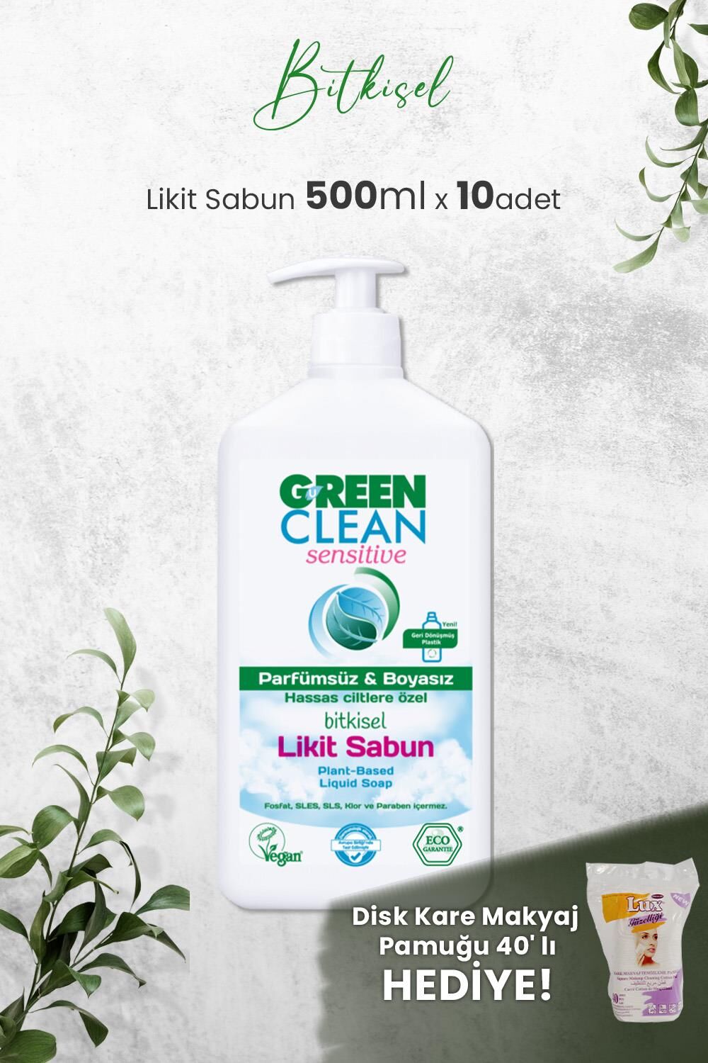 U Green Clean Organik Kokusuz Likit Sensitive Sabun 500 ML x 10 Adet ve Hediyeli