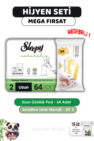 Sleepy Natural Ultra Hassas Hijyenik Günlük Ped Uzun 64 Adet, Sensitive 50'li Islak Mendil ve ROSIE