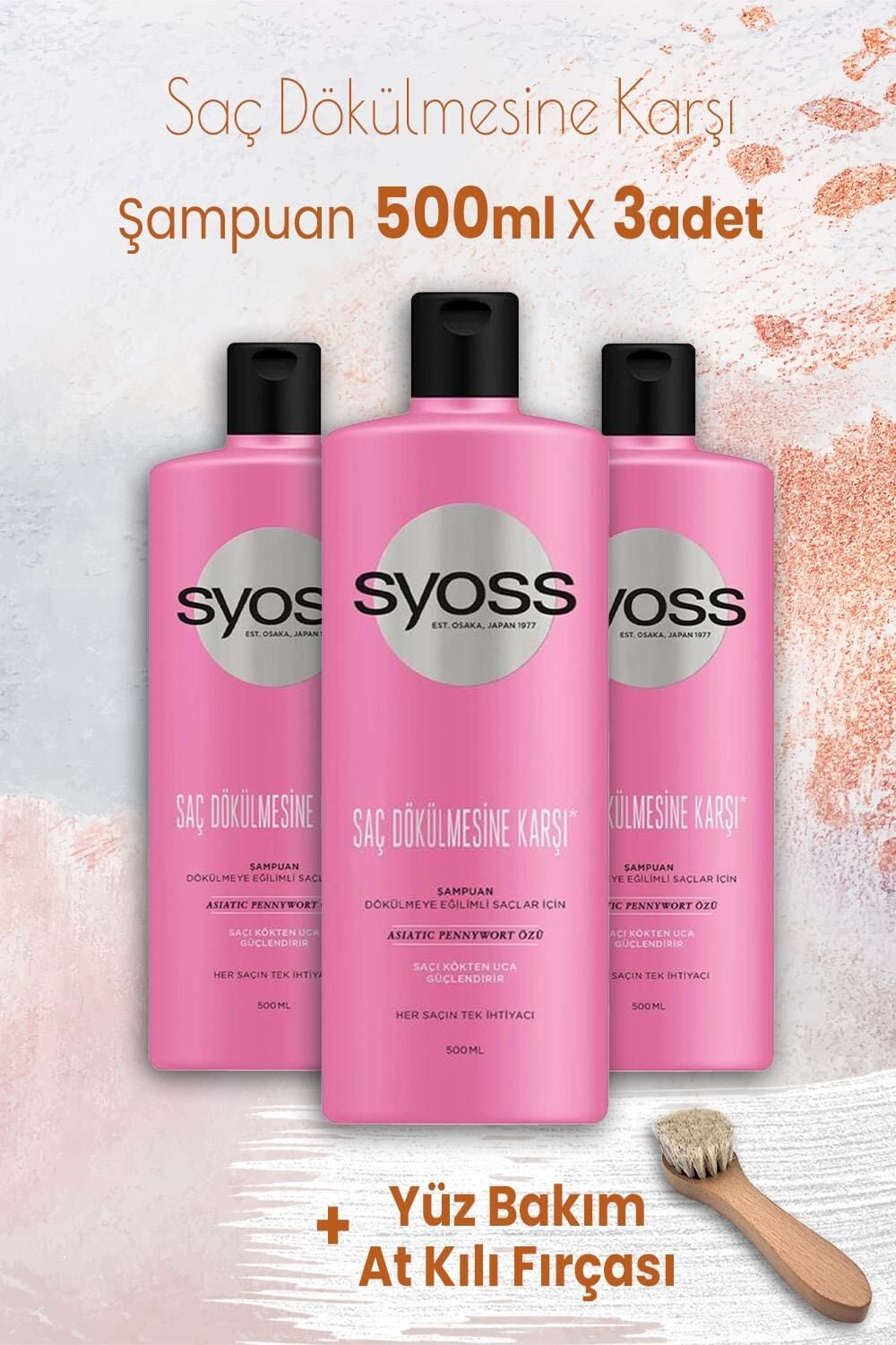 Syoss Şampuan Saç Dökülmesine Karşı 500 ml x 3 Adet ve Yüz Bakım At Kılı Fırçası