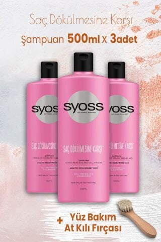 Syoss Şampuan Saç Dökülmesine Karşı 500 ml x 3 Adet ve Yüz Bakım At Kılı Fırçası