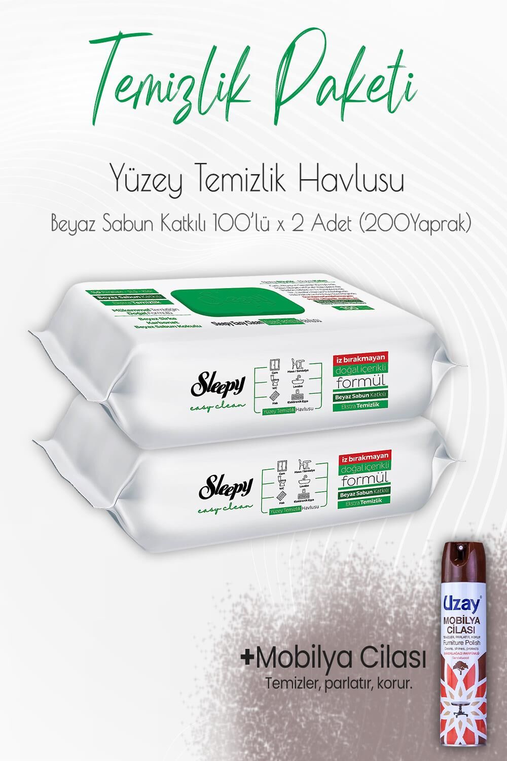 Düvenci Temizlik Paketi 10 (Beyaz Sabun Temizlik Havlusu 200 Yaprak ve Mobilya Cilası)
