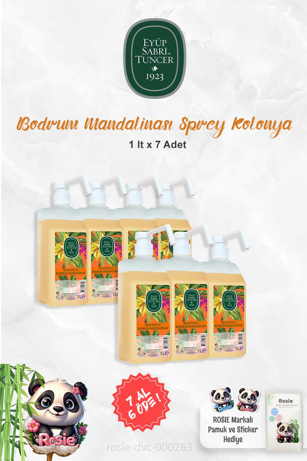 7 AL 6 ÖDE Eyüp Sabri Tuncer 1 lt Sprey Başlıklı Kolonya Bodrum Mandalinası ve ROSIE