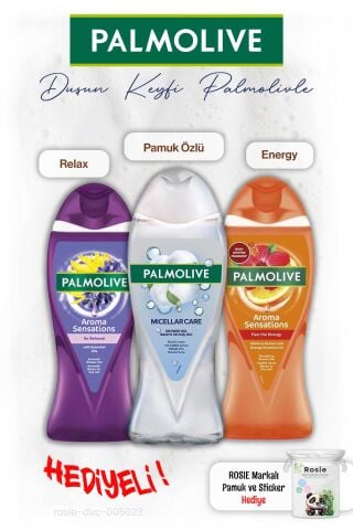 Palmolive 3'lü Duş Jeli Feel the energy 500 ml, Relax 500 ml, Pamuk Özlü 500 ml, ROSIE hediye
