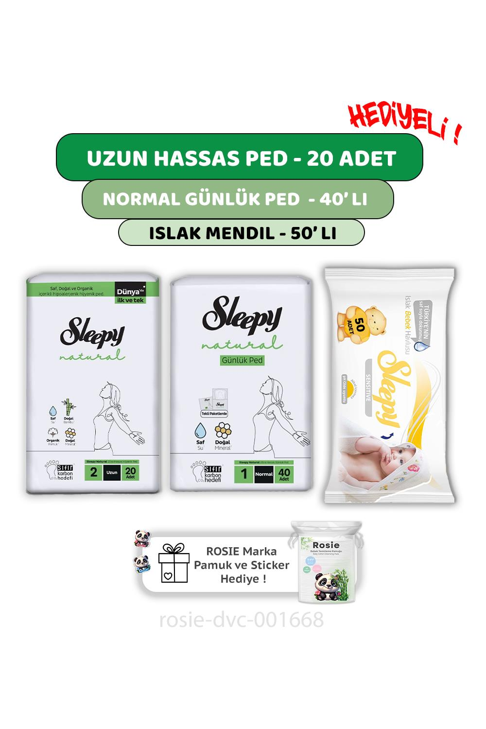 Sleepy Natural Ultra Hassas Uzun Ped 20'li,Günlük Ped 40'lı  Sensitive 50'li Mendil ve ROSIE
