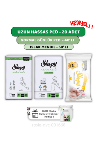 Sleepy Natural Ultra Hassas Uzun Ped 20'li,Günlük Ped 40'lı  Sensitive 50'li Mendil ve ROSIE