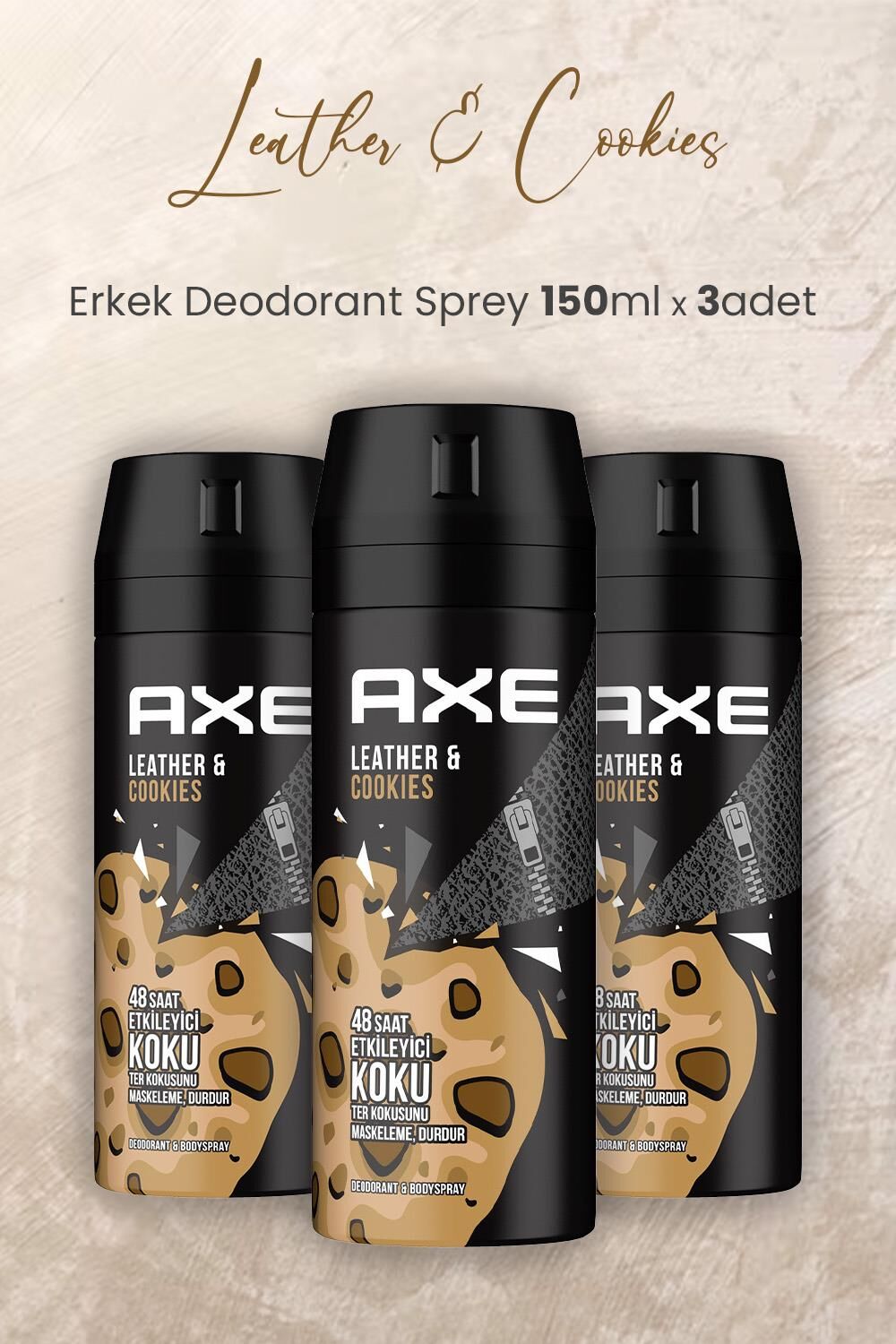 Axe Leather & Cookies Erkek Deodorant Sprey 150 ml x 3 Adet