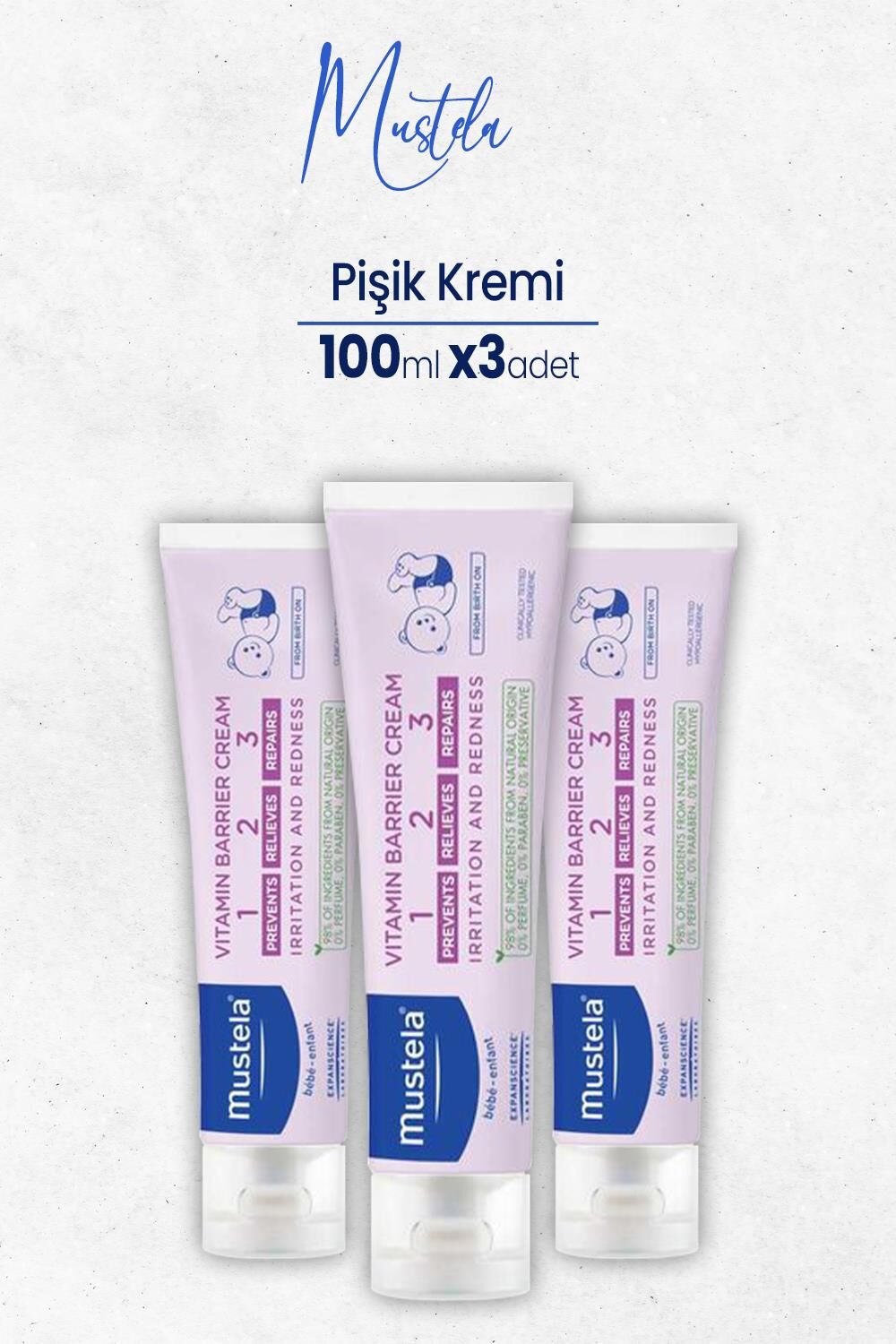 Mustela Vitamin Barrier Cream 1 2 3 Pişik Kremi 100 ml x 3 adet