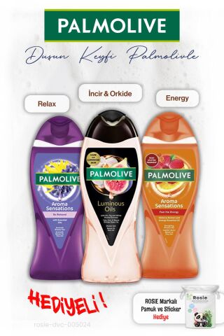 Palmolive 3'lü Duş Jeli İncir 250 ml, Feel the energy 500 ml, Relax 500 ml, ROSIE hediye