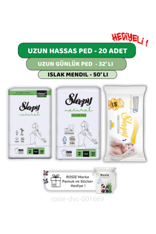 Sleepy Natural Ultra Hassas Uzun Ped 20'li,Günlük Ped 32'li  Sensitive 50'li Mendil ve ROSIE