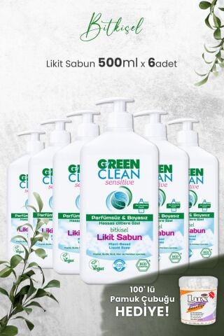 U Green Clean Organik Kokusuz Likit Sensitive Sabun 500 ML x 6 Adet ve Hediyeli