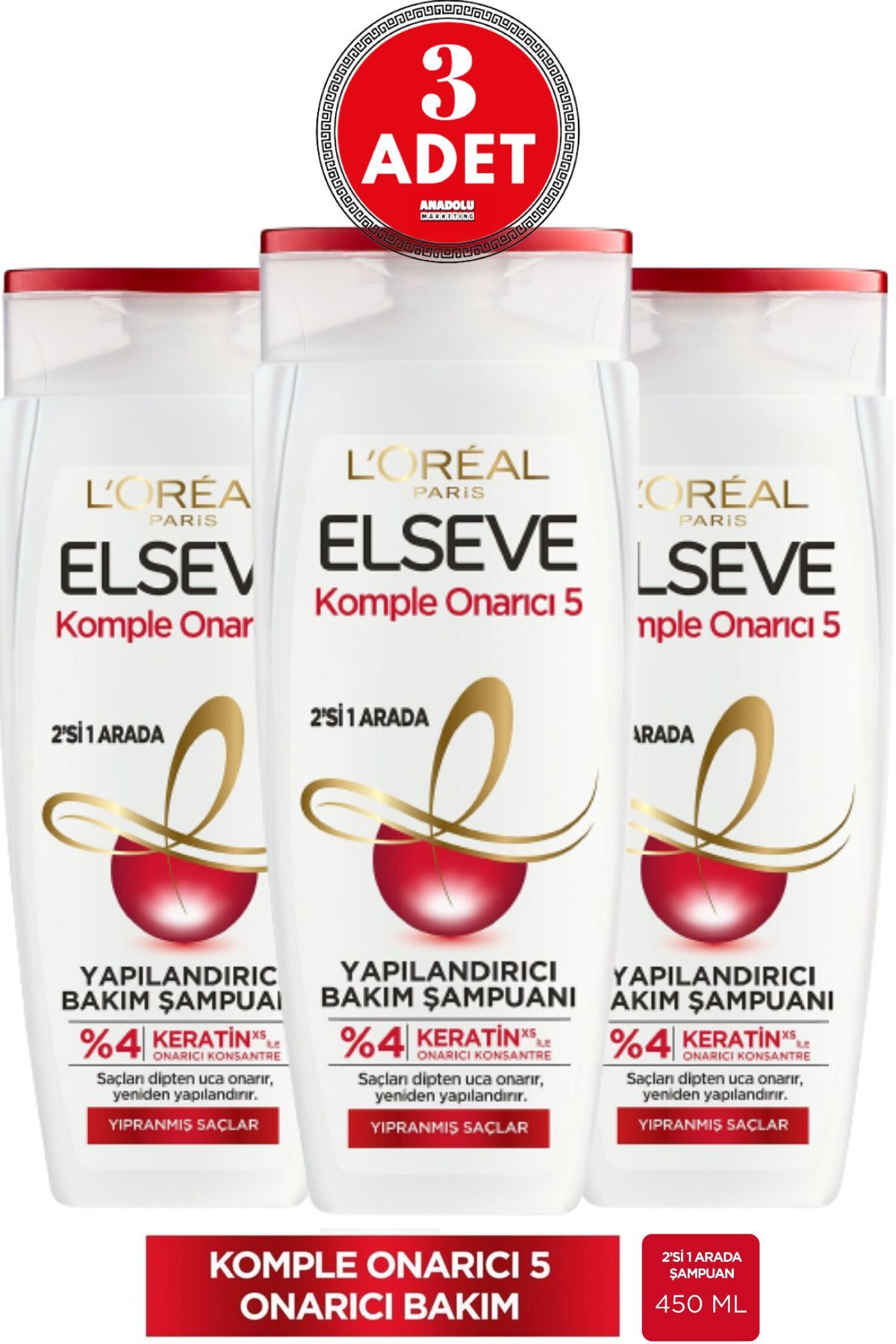 L'Oréal Paris Elseve Komple Onarıcı 5 Yapılandırıcı Bakım Şampuanı 2'si 1 Arada 450 ml 3 Adet