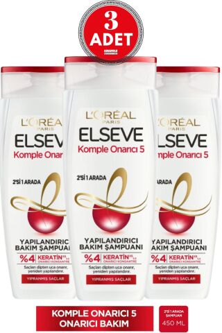 L'Oréal Paris Elseve Komple Onarıcı 5 Yapılandırıcı Bakım Şampuanı 2'si 1 Arada 450 ml 3 Adet