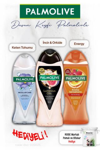 Palmolive 3'lü Duş Jeli Keten Tohumu 500 ml, İncir 250 ml, Energy 500 ml, ROSIE hediye