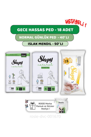 Sleepy Natural Ultra Hassas Gece Ped 18'li,Günlük Ped 40'lı  Sensitive 50'li Mendil ve ROSIE