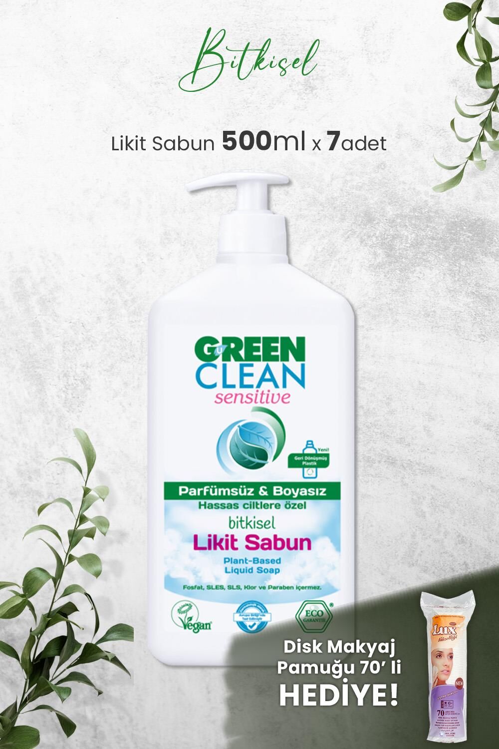 U Green Clean Organik Kokusuz Likit Sensitive Sabun 500 ML x 7 Adet ve Hediyeli