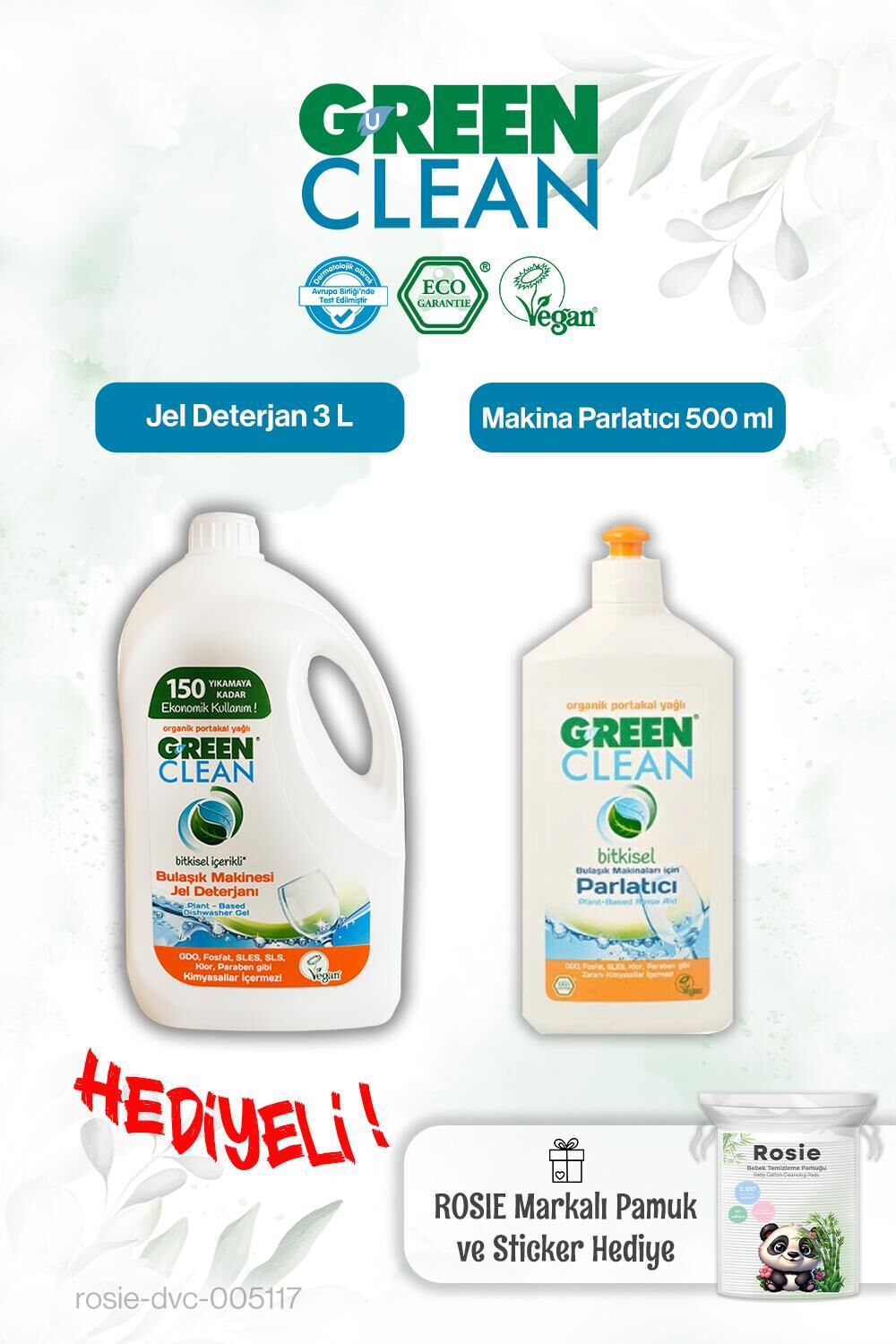 Green Clean Bulaşık Mak. Parlatıcı 500 ml ve Bulaşık Mak. Jel Deterjan 3 L ve Rosie hediye