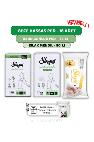 Sleepy Natural Ultra Hassas Gece Ped 18'li,Günlük Ped 32'li,  Sensitive 50'li Mendil ve ROSIE