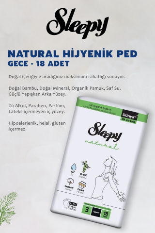 Sleepy Natural Ultra Hassas Gece Ped 18'li,Günlük Ped 32'li,  Sensitive 50'li Mendil ve ROSIE