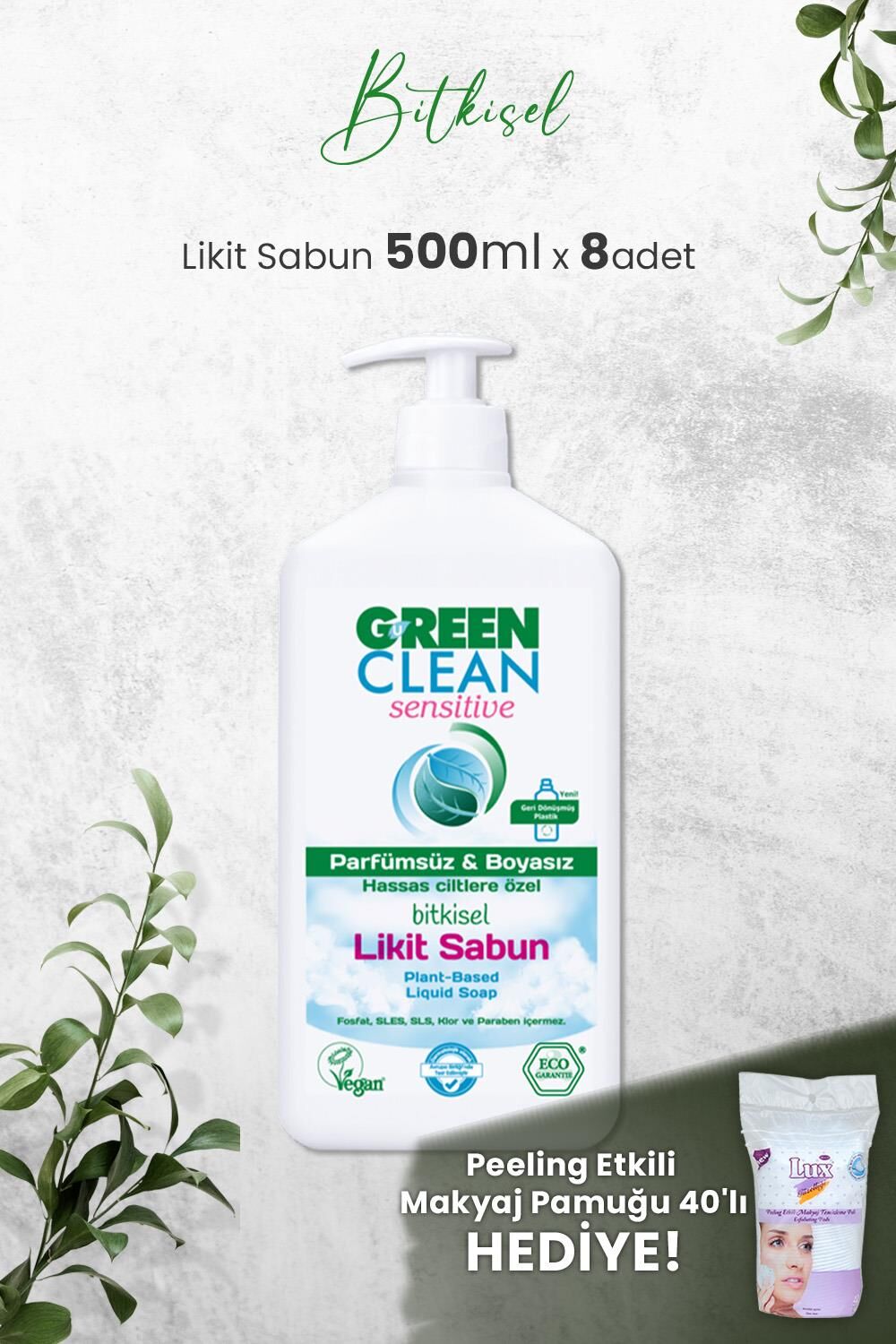 U Green Clean Organik Kokusuz Likit Sensitive Sabun 500 ML x 8 Adet ve Hediyeli
