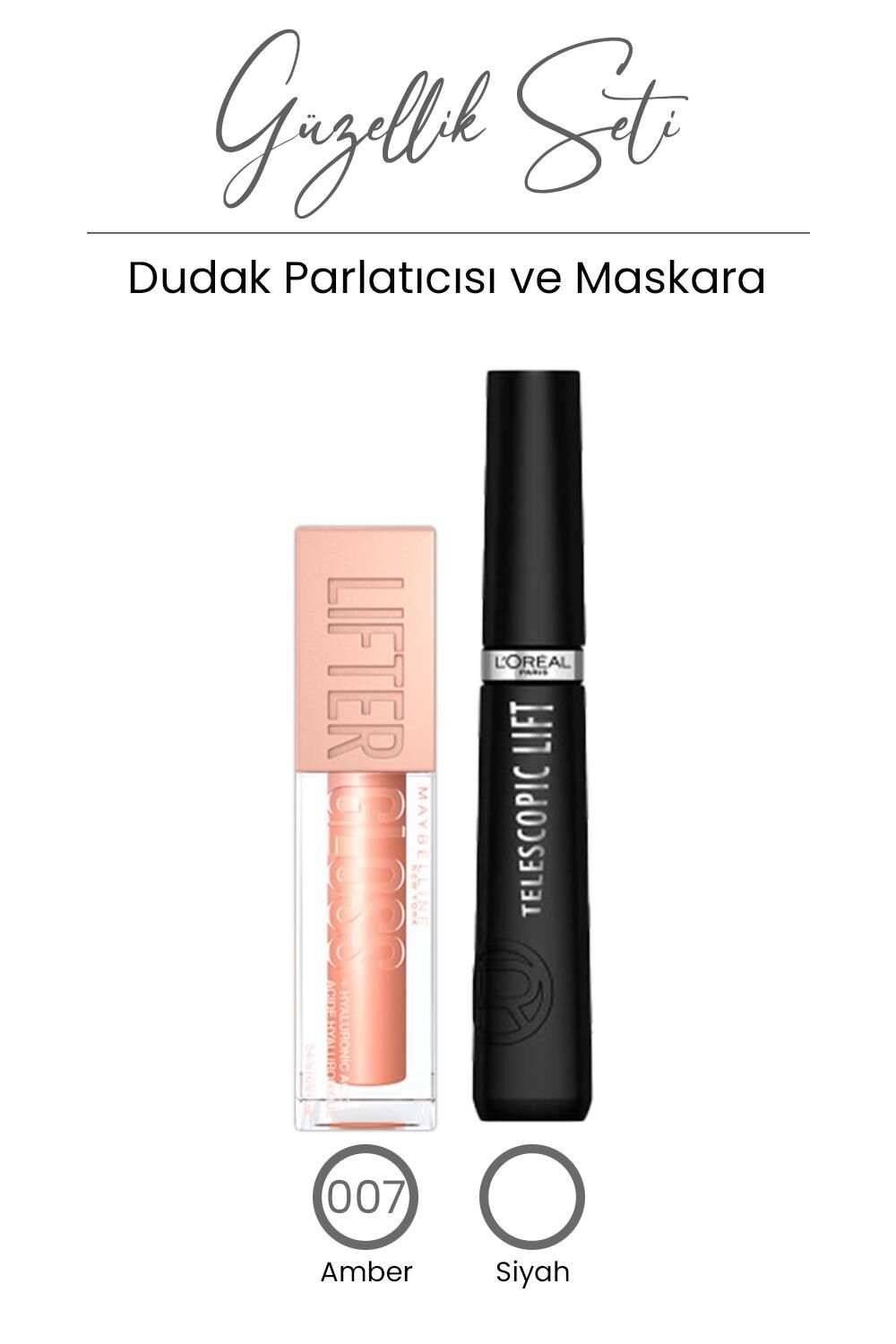 Loreal Paris Telescopic Lift Maskara Siyah ve Lifter Gloss 007 Amber